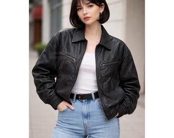 Black leather Bomber Jacket | Oversized Vintage Leather Jacket | Grunge Streetwear Coat | Classic Aviator Style Jacket