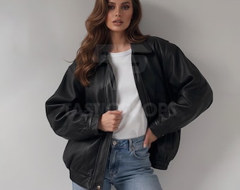 90s Oversized Distressed Leather Bomber Jacket | Grunge Aviator Coat