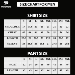 May include: A size chart for men's shirts and pants, with measurements in inches. The chart includes sizes S to 5XL, detailing shoulder, chest, length, sleeve, waist, and length measurements. The Tastic Props logo is in the top left corner.