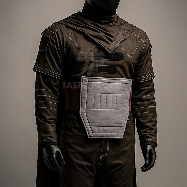 May include: A brown costume with a hood and cape, featuring a gray chest plate and black accents. The costume has long sleeves and is displayed on a mannequin. The stitching is visible, and the overall design suggests a futuristic or sci-fi theme.
