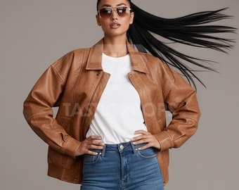 Oversized Distressed Brown Leather Bomber Jacket | 90s Retro Style Jacket