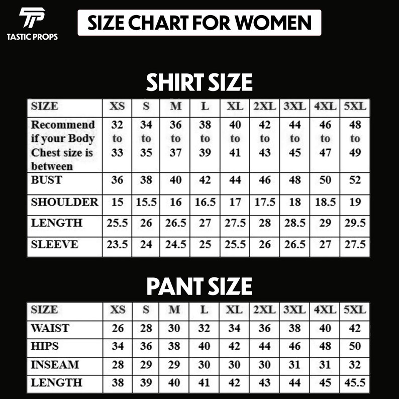 May include: A size chart for women's shirts and pants, with measurements in inches. The chart includes shirt sizes XS to 5XL, detailing bust, shoulder, length, and sleeve measurements. Pant sizes XS to 5XL are also listed, with waist, hips, inseam, and length.