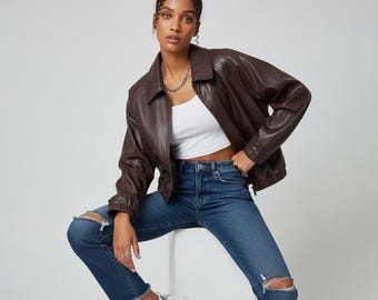 Women’s Brown Genuine Leather Jacket |  Vintage Style Women's  Jacket  |  Gift for Her | Grunge Streetwear Leather Women jacket