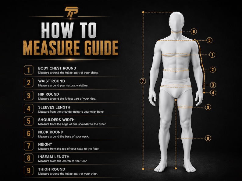 Pu&ograve; includere: Una "GUIDA ALLE MISURE" con un diagramma di una figura umana. La guida spiega come misurare il petto, la vita, i fianchi, la lunghezza delle maniche, la larghezza delle spalle, il collo, l'altezza, il cavallo e la coscia. L'immagine &egrave; su sfondo nero.