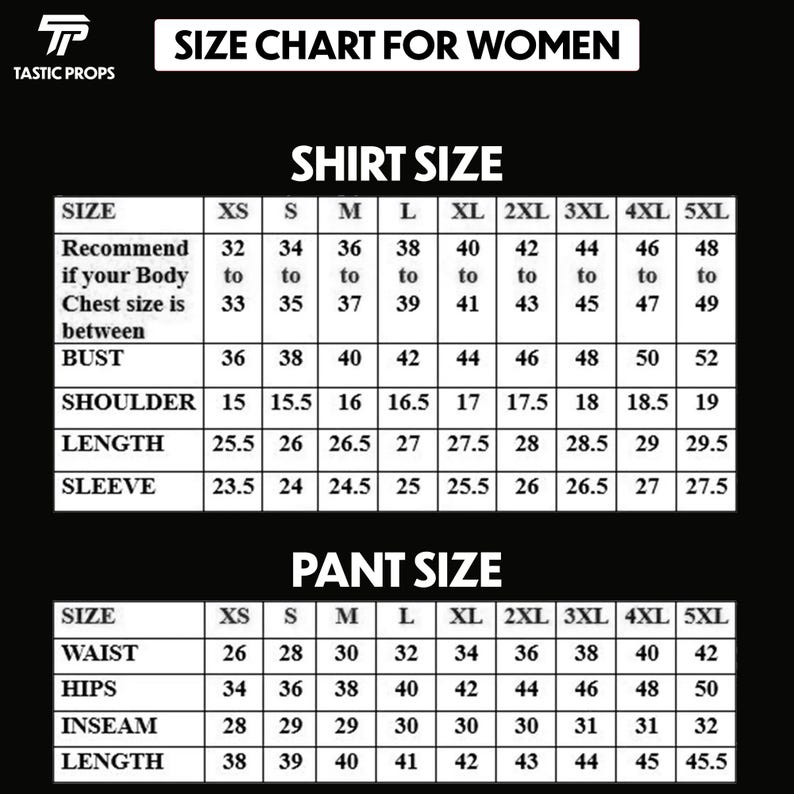 May include: A women's size chart for shirts and trousers, with measurements in inches. The chart includes shirt sizes XS to 5XL, detailing bust, shoulder, length, and sleeve measurements. Pant sizes XS to 5XL are also listed, with waist, hips, inseam, and length.
