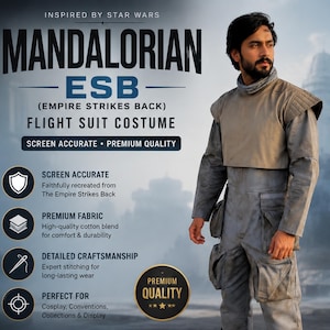 Pu&ograve; includere: Un costume da tuta di volo Mandalorian ESB (Empire Strikes Back). L'immagine mostra una persona che indossa una tuta di volo grigia con un gilet abbinato. Il testo sull'immagine recita "Screen Accurate" e "Premium Quality".