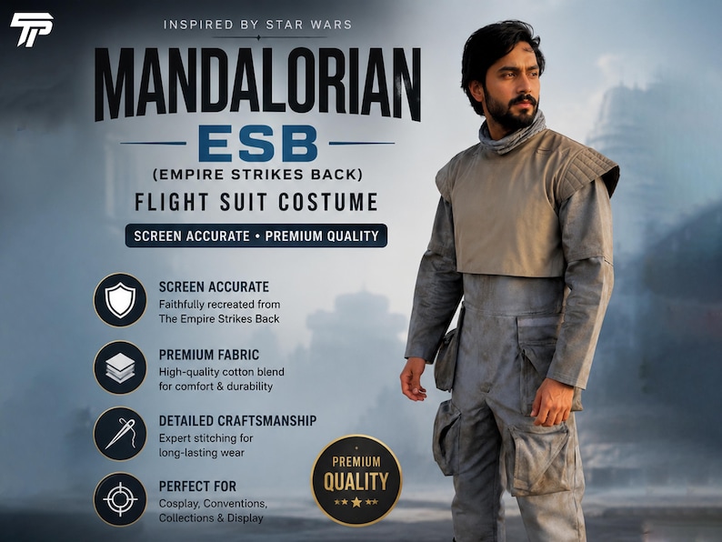 Pu&ograve; includere: Un costume da tuta di volo Mandalorian ESB (Empire Strikes Back). L'immagine mostra una persona che indossa una tuta di volo grigia con un gilet abbinato. Il testo sull'immagine recita "Screen Accurate" e "Premium Quality".
