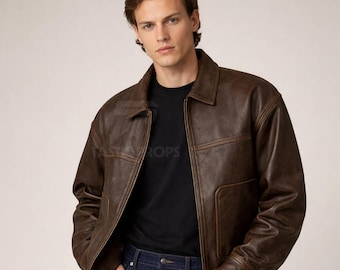 90s Oversized Distressed Brown Leather Bomber Jacket | Vintage Retro Biker Coat