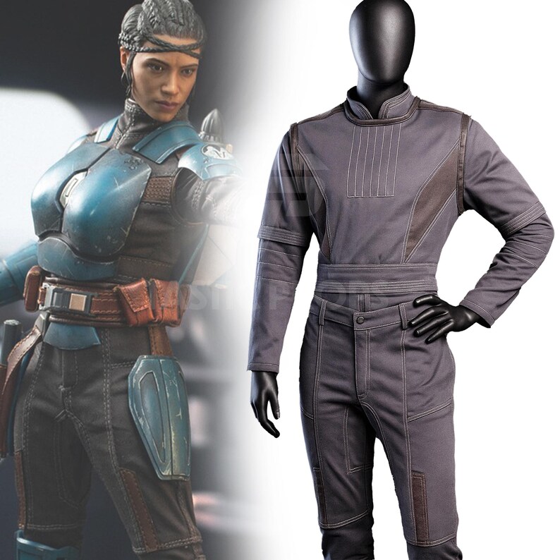 May include: A detailed image showcases a costume and a figure. The costume features a blue and brown armored top, dark pants, and a brown belt. The figure is wearing a gray jumpsuit with white stitching and black gloves. The overall theme is science fiction.