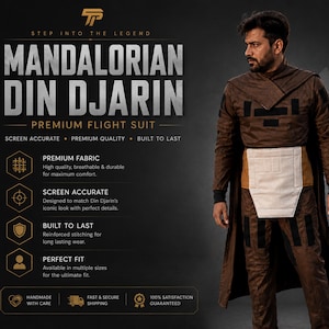 Puede incluir: Un traje de vuelo premium marr&oacute;n Mandalorian Din Djarin. El traje presenta una parte superior de manga larga, pantalones y una pieza blanca similar a un delantal. El texto de la imagen dice "MANDALORIAN DIN DJARIN PREMIUM FLIGHT SUIT".