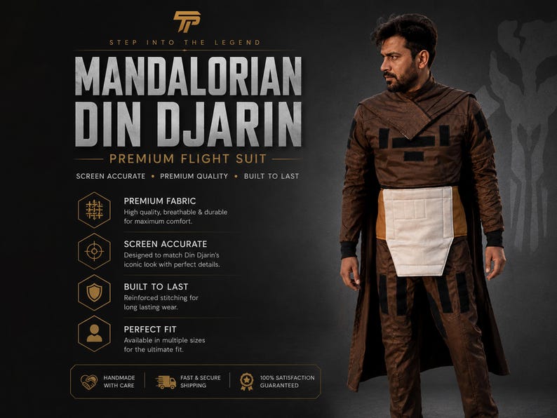 Puede incluir: Un traje de vuelo premium marr&oacute;n Mandalorian Din Djarin. El traje presenta una parte superior de manga larga, pantalones y una pieza blanca similar a un delantal. El texto de la imagen dice "MANDALORIAN DIN DJARIN PREMIUM FLIGHT SUIT".