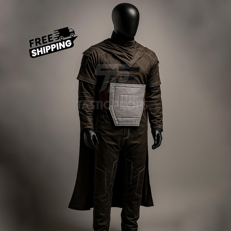 May include: A dark brown costume with a matching cape, displayed on a mannequin. The costume features a high collar, a chest plate, and white stitching details. The mannequin is wearing black gloves.