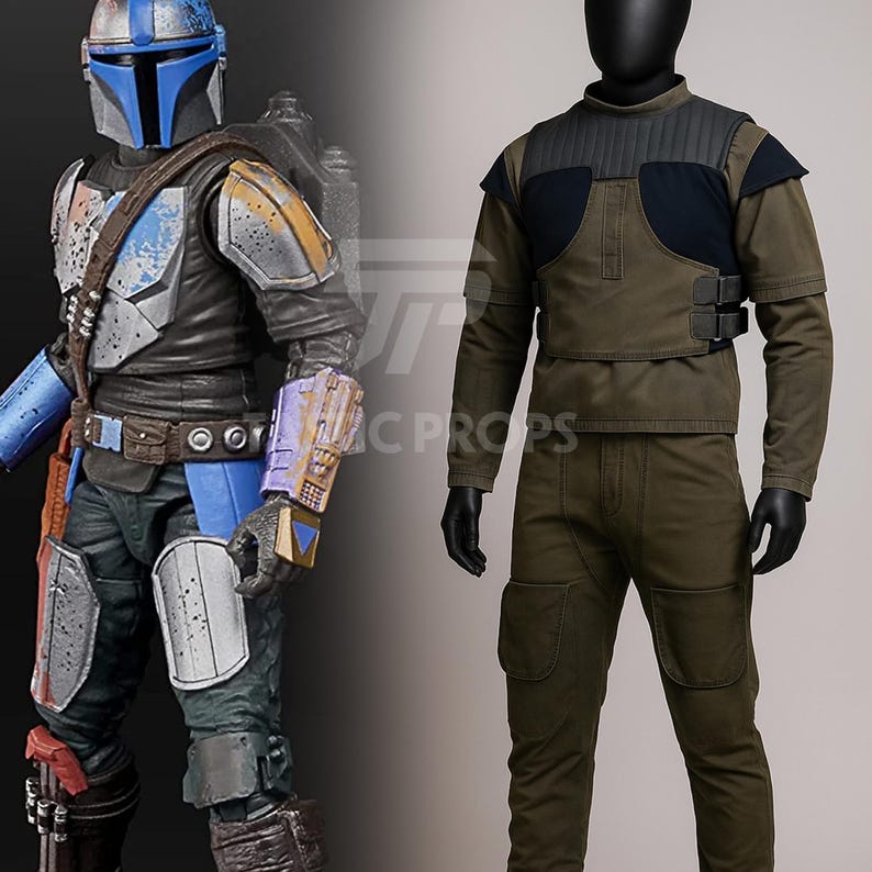 May include: Two detailed costumes are displayed. The first is a Mandalorian-style suit with a blue and silver helmet, black leather-like armor, and a jetpack. The second is a green and black jumpsuit with a high collar and cargo pockets.
