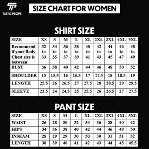 May include: A size chart for women's shirts and pants, with measurements in inches. The chart includes shirt sizes from XS to 5XL, detailing bust, shoulder, length, and sleeve measurements. Pant sizes from XS to 5XL are also shown, including waist, hips, inseam, and length.