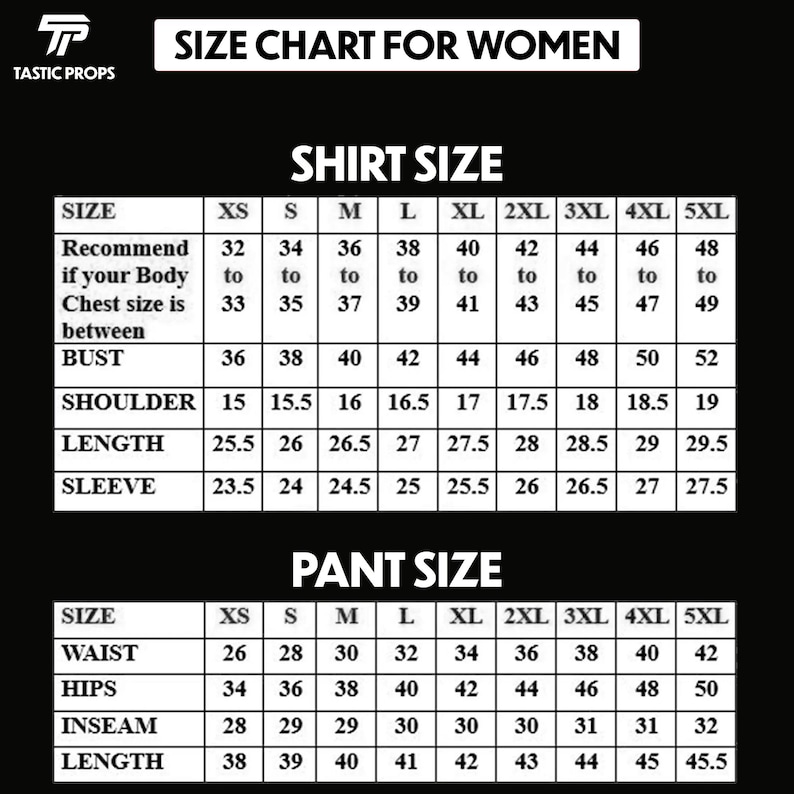 May include: A size chart for women's shirts and pants, with measurements in inches. The chart includes shirt sizes from XS to 5XL, detailing bust, shoulder, length, and sleeve measurements. Pant sizes from XS to 5XL are also shown, including waist, hips, inseam, and length.
