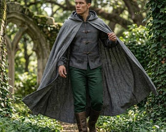 Capa cinza inspirada em ranger | Traje de cosplay medieval fantástico | Roupa para LARP | Capa com capuz inspirada em Senhor dos Anéis