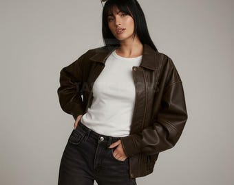 90s Oversized Distressed Brown Leather Jacket | Vintage Bomber Jacket | Grunge Streetwear Leather Coat | Classic Aviator Style Jacket