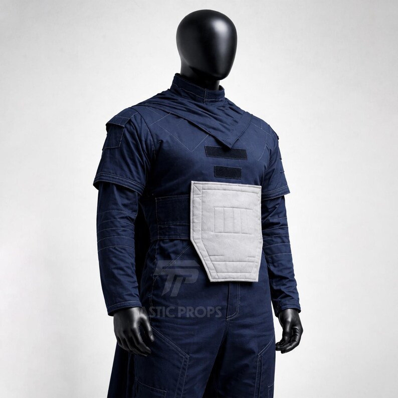 May include: A dark blue jumpsuit with a high collar and short sleeves, displayed on a black mannequin. The outfit features a light gray chest plate and two black rectangular patches. The sleeves have a layered design. The outfit is from Fantastic Props.