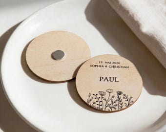 Platzkarten Holz Ø6cm personalisiert mit Magnet – Wildblumen | Line Art – Tischkarten Namen – Erinnerung Hochzeit