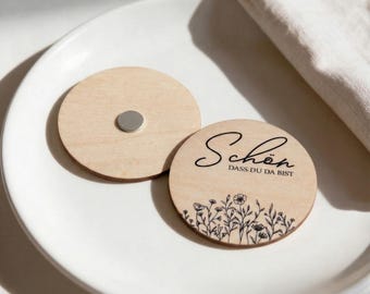 Platzkarten Hochzeit Holz Magnet Ø6cm personalisiert – Blumenwiese | Line Art – Namenskarten Tischdeko – Gastgeschenk