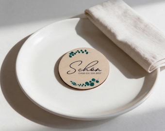 Personalisierte Platzkarten Holz Ø6cm – Eukalyptus-Zweig – Namenskarten Tischdeko – Hochzeit Dekoration
