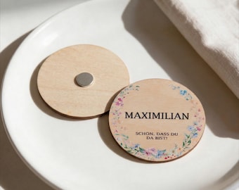 Platzkarten Hochzeit Holz Magnet Ø6cm personalisiert – Wildblumenkranz – Namenskarten Tischdeko – Gastgeschenk