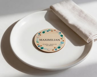 Platzkarten Ostern Holz personalisiert Ø6cm – Frühlingskranz Naturpetrol – Tischdeko Ostern – Namenskarte Holz