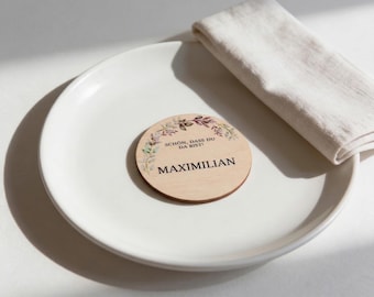 Platzkarten Hochzeit Holz Ø6cm personalisiert – Herbstblätter – Tischkarten Namen – Gastgeschenk Hochzeit