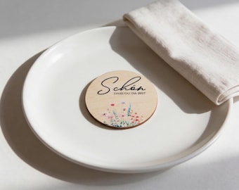 Personalisierte Platzkarten Holz Ø6cm – Sommerblumenwiese – Namenskarten Tischdeko – Hochzeit Dekoration