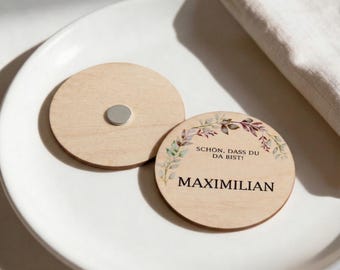 Platzkarten Hochzeit Holz Ø6cm personalisiert – Herbstblätter – Tischkarten Namen – Gastgeschenk Magnet