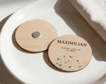 Platzkarten Hochzeit Holz Ø6cm personalisiert – Mohnblumenwiese – Tischkarten Namen – Gastgeschenk Magnet