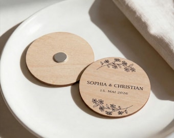 Platzkarten Holz Ø6cm personalisiert mit Magnet – Blütenzweig | Line Art – Tischkarten Namen – Erinnerung Hochzeit