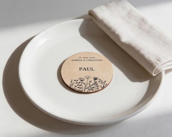 Platzkarten Holz personalisiert Ø6cm – Wildblumen | Line Art – Gäste Namen Tischkarten – Hochzeit Gastgeschenk