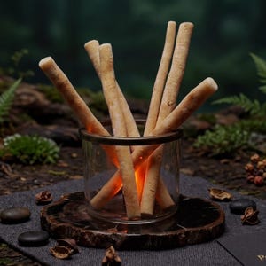 Könnte beinhalten: Ein klares Glasgefäß enthält mehrere hellfarbene Miswak-Sticks, die zu einem Bündel angeordnet sind. Die Sticks stehen auf einer dunklen, strukturierten Oberfläche, mit einem Hintergrund aus Moos, Farnen und Waldelementen. Ein schwarzes Kärtchen mit Text ist ebenfalls zu sehen.