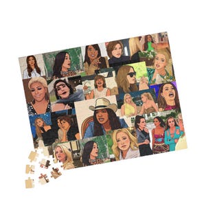 May include: A colorful jigsaw puzzle featuring a collage of illustrated women's faces. The puzzle pieces are scattered around the main image. The artwork includes a variety of expressions and styles, with a cartoon-like aesthetic.