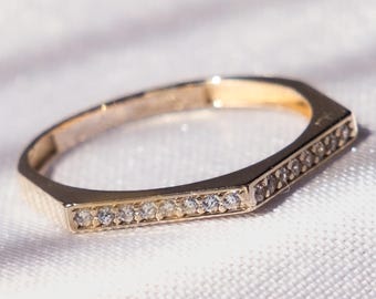 Gold Geometric Band – 14K Solid Gold Hexagon Shape Ring with CZ Stones, Minimalist Stacking Ring, Modern Gold Jewelry
