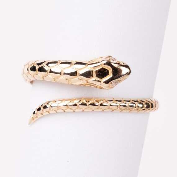 14K Gold Snake Ring: Diamond Eyes Serpent Wrap Ring