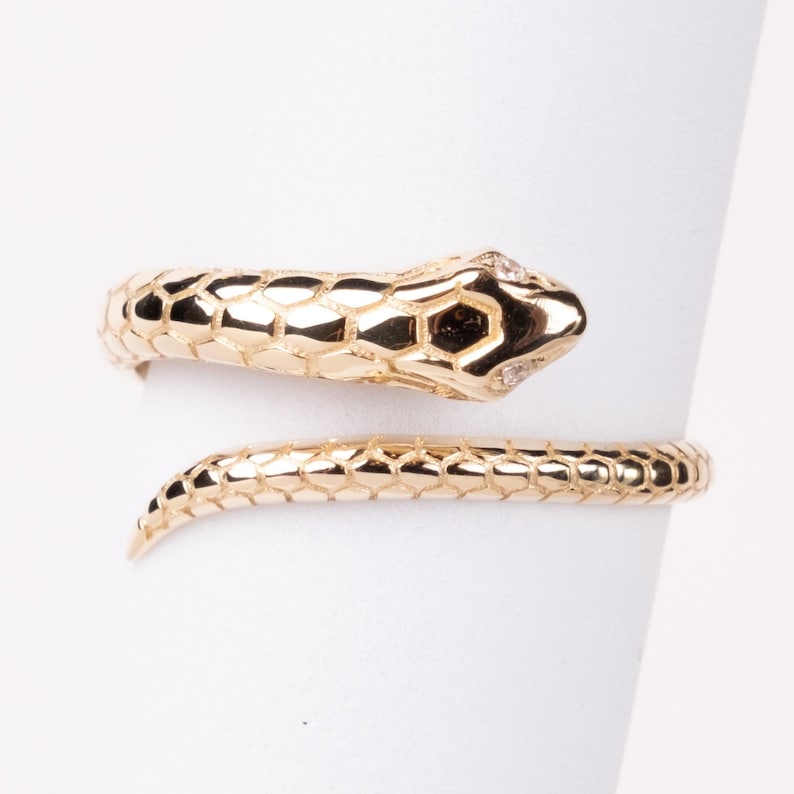 14K Gold Snake Ring: Diamond Eyes Serpent Wrap Ring image 1