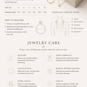 May include: A jewelry size guide and care instruction card featuring a ring size chart with US sizes 5 through 10, a necklace length guide from 14 to 22 inches, and six icons illustrating jewelry maintenance tips for keeping items clean and dry.