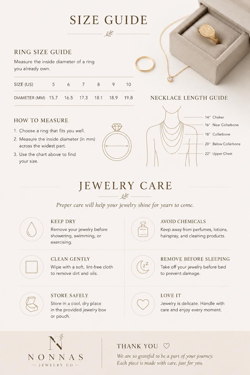May include: A jewelry size guide and care instruction card featuring a ring size chart with US sizes 5 through 10, a necklace length guide from 14 to 22 inches, and six icons illustrating jewelry maintenance tips for keeping items clean and dry.