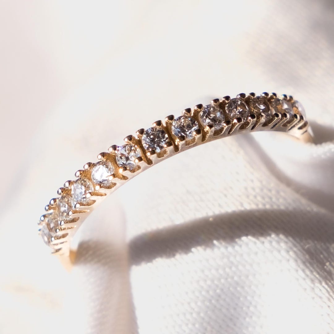 14K Solid Gold Diamond Half Eternity Ring, Dainty Gold Wedding Band ...
