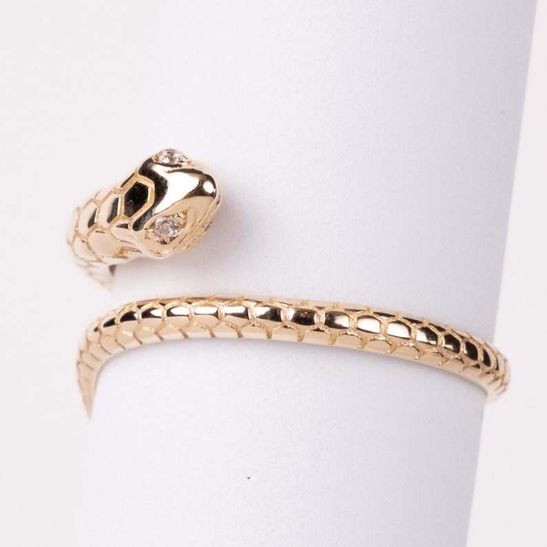14K Gold Snake Ring: Diamond Eyes Serpent Wrap Ring image 2