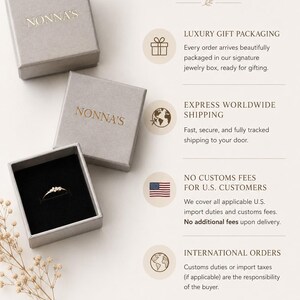 May include: A gray square jewelry box with the text NONNA'S in gold, containing a thin gold ring with small clear stones on a black velvet insert. The image includes text about luxury packaging, worldwide shipping, and customs policies.