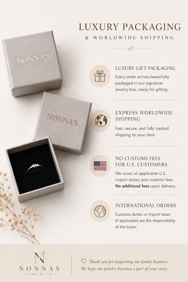 May include: A gray square jewelry box with the text NONNA'S in gold, containing a thin gold ring with small clear stones on a black velvet insert. The image includes text about luxury packaging, worldwide shipping, and customs policies.