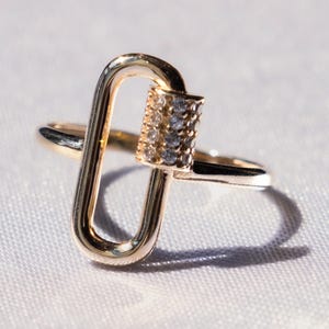 14K Solid Gold Paperclip Gliederring - Pavé Mini Link Statement Ring, modernes Stapelband, handgefertigter feiner Schmuck