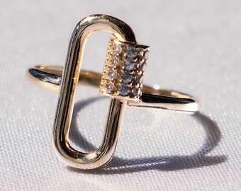 14K Solid Gold Paperclip Gliederring - Pavé Mini Link Statement Ring, modernes Stapelband, handgefertigter feiner Schmuck