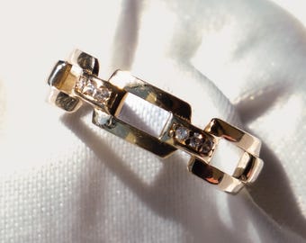 Gold Chain Link Ring – 14K Solid Gold Open Link Band with CZ Accents, Modern Geometric Statement Ring