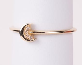 Dainty Crescent Moon Ring, 14k Gold Diamond Ring, Celestial Stacking Ring, Minimalist Luna Jewelry, Dainty Promise Ring, Gift for Her