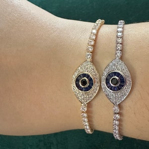 Evil Eye Tennis Bracelet Adjustable Silver or Gold with Blue Eye -Valentine’s Day gifts