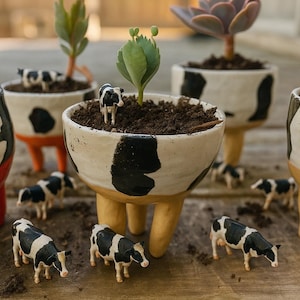 Puede incluir: Conjunto de macetas de cerámica con diseño de vaca, con manchas negras sobre fondo blanco. Cada maceta contiene tierra y una planta suculenta. Figuras de vacas en miniatura están dispersas alrededor de las macetas, creando una escena caprichosa.